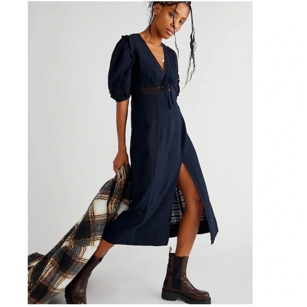 Free People Slow Pace Cotton Lace Tie Front Puff Sleeve Midi Dress Black Women M